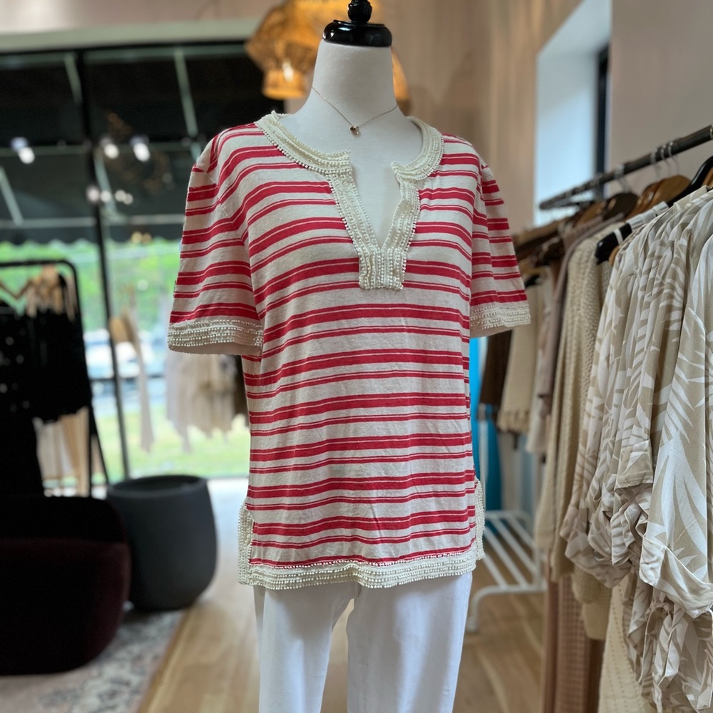 Tory Burch Stripe Linen Luxury Top, Cream Orange Stripe, XL GUC